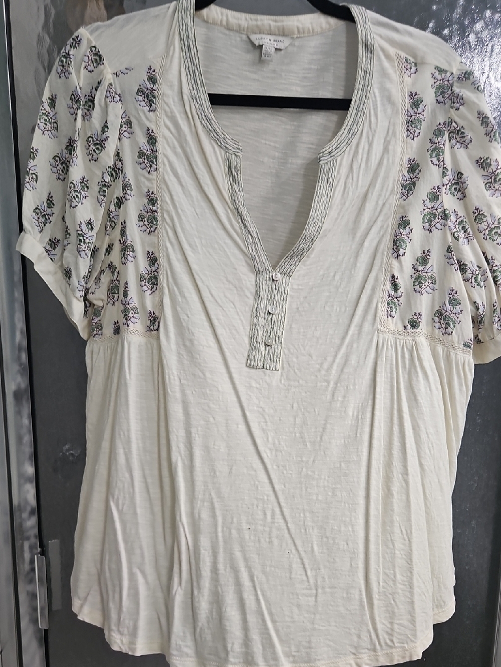 Lucky Brand Ivory Peasant Blouse with Floral Puff Sleeves